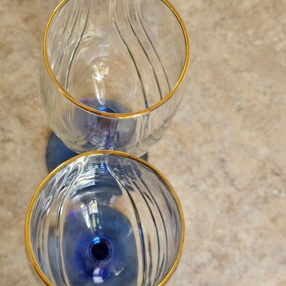 Libbey Crystal Blue Water Wine Glasses 8" Cobalt swag optic vintage gold trim - Picture 8 of 10